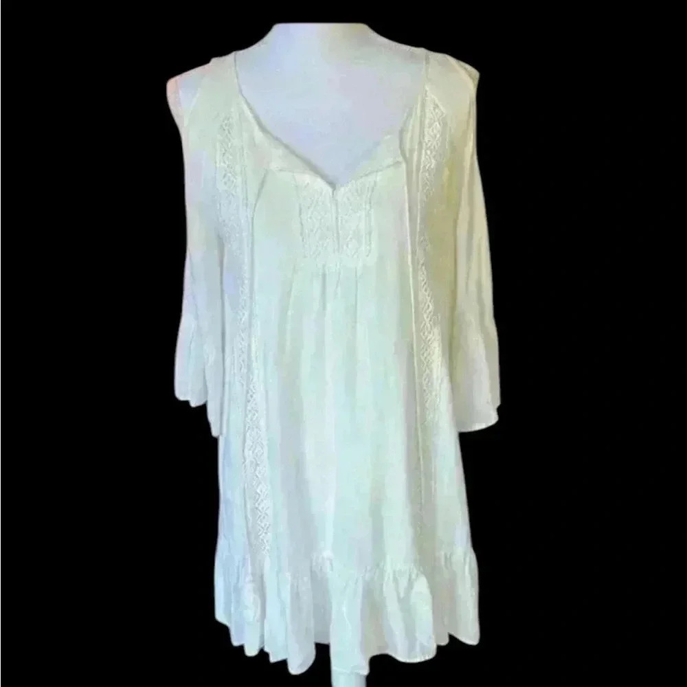 Entro ladies sundress cold shoulder small OS flowy white Lacey. Fully lined. - Picture 10 of 10